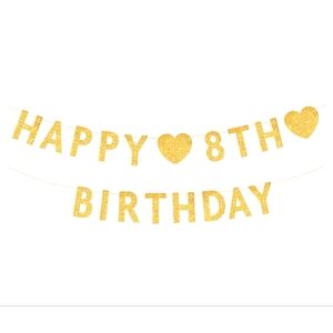 Gold Glitter Happy 8th Birthday Banner. 8th Birthday Party Decoration.